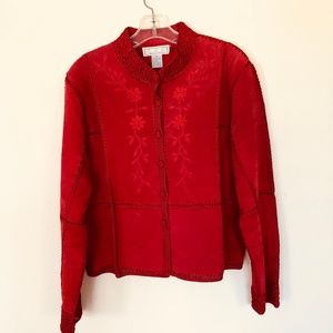 Red leather jacket with rayon trim